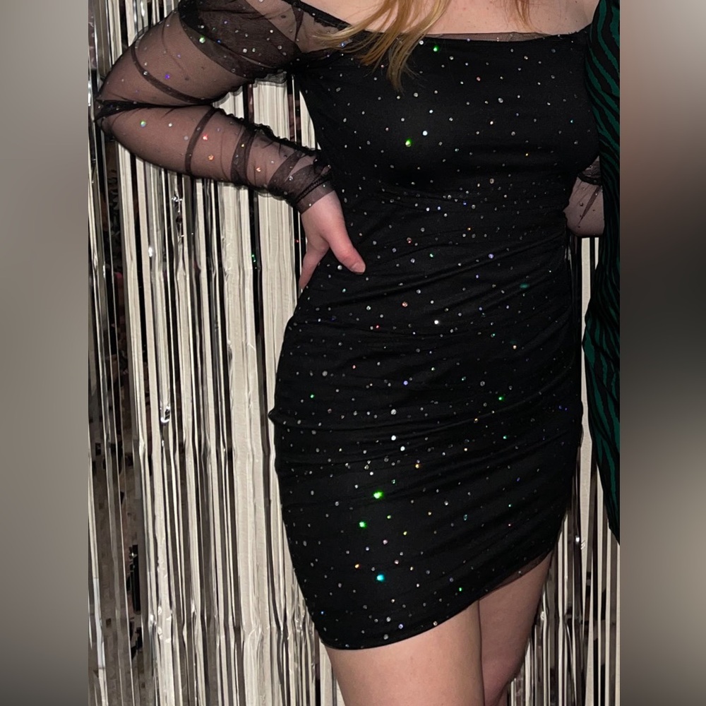 Black Sheer Sleeve Dress with Sparkle Accents
